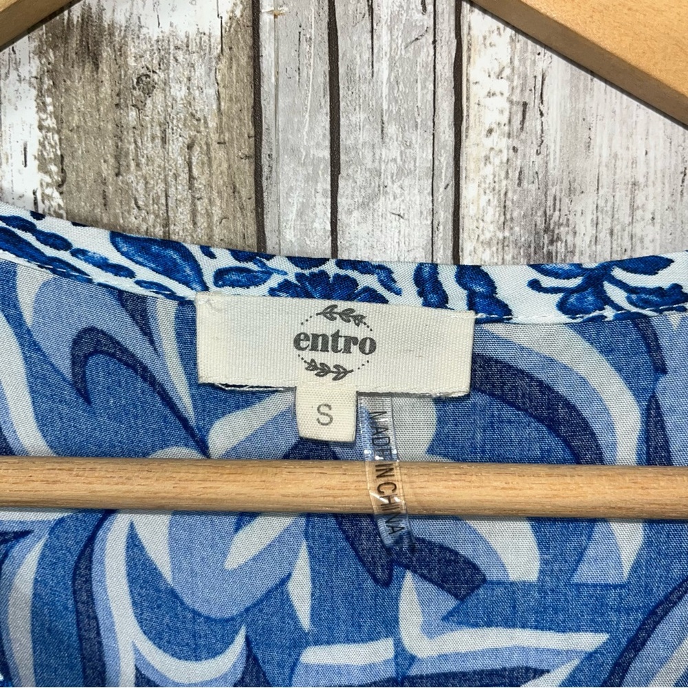 Entro V Neck Boho Blue Mini Ruffle Tiered Dress Small - Picture 6 of 6